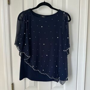 MSK Sheer Navy Pearl Layered Top S